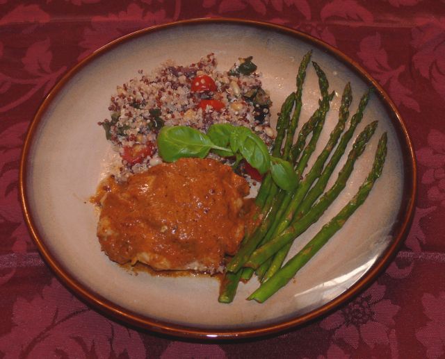 Quinoa Italiana with roasted asparagus and red pepper chicken